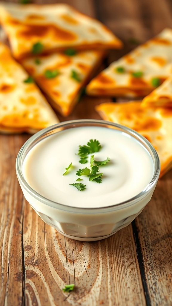 Creamy quesadilla sauce in a bowl with cilantro, alongside golden quesadillas on a wooden table.